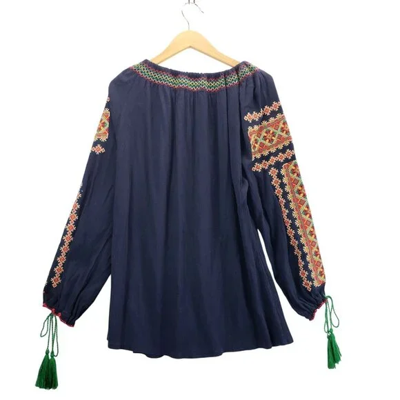 Ukrainian Traditional Blouse XXL Navy Colorful Geometric CrossStitch Embroidery - Picture 8 of 11